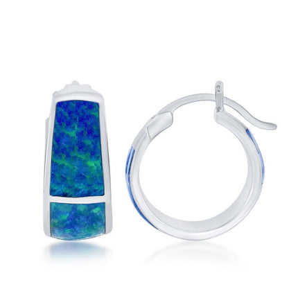 Sterling Silver Blue Opal Wide Small Hoop Earrings ,
