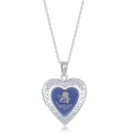 Sterling Silver Blue Stone Angel Cameo Heart Locket ,