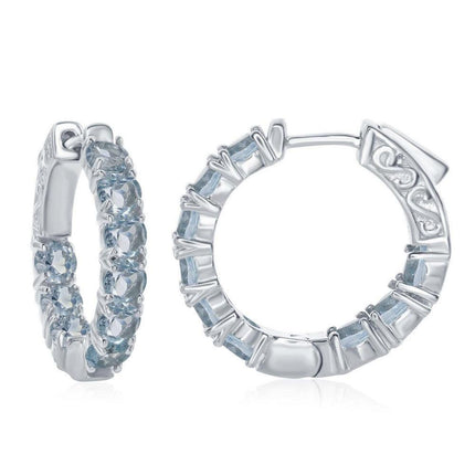 Sterling Silver Blue Topaz Gemstone Hoop Earrings ,