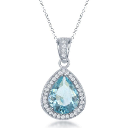 Sterling Silver Blue Topaz Teardrop CZ Pendant ,