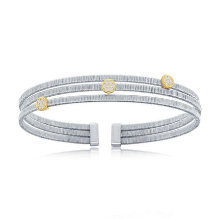 Sterling Silver Bonded with 14K GP CZ Bars Triple Wire Bangle ,