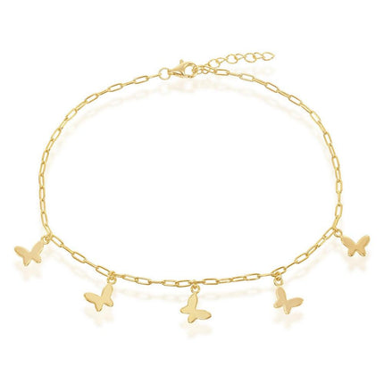 Sterling Silver Butterfly Charms Paperclip Anklet - Gold Plated ,