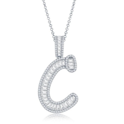 Sterling Silver C Initial Baguette CZ Pendant Chain ,