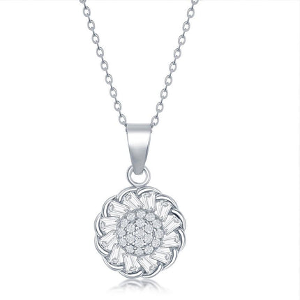 Sterling Silver Center and Baguette CZ Border Flower Necklace ,