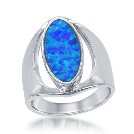 Sterling Silver Center Blue Inlay Opal Oval Ring, Size 7 ,