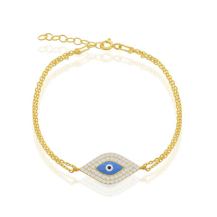 Sterling Silver Center CZ & Blue Evil Eye Double-Strand Bracelet ,