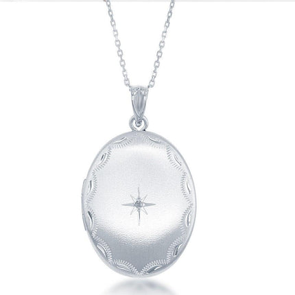 Sterling Silver Center Diamond Star Oval Locket ,