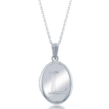 Sterling Silver Center L Initial Oval Locket Chain ,