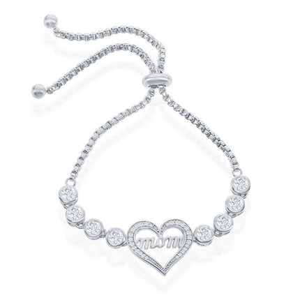 Sterling Silver Center "Mom" Heart with Linked Bezel CZ Bracelet ,