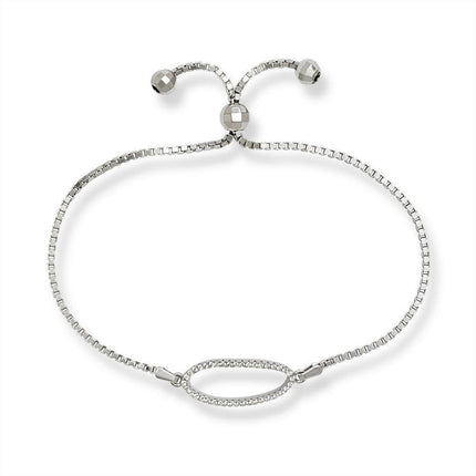 Sterling Silver Center Open CZ Oval with Beads Box Chain Bracelet ,