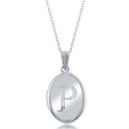 Sterling Silver Center P Initial Oval Locket Chain ,