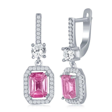 Sterling Silver Center Pink Emerald Cut CZ Earrings ,