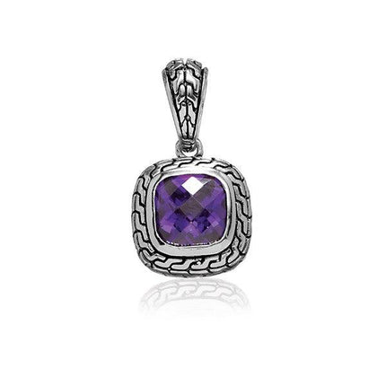 Sterling Silver Center Square Amethyst CZ and Black Finish Pendant ,
