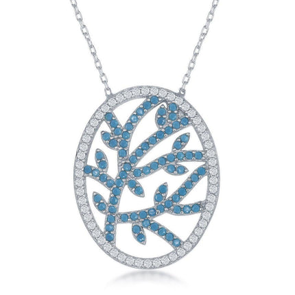 Sterling Silver Center Torqouise Branch Design with CZ Border Necklace ,