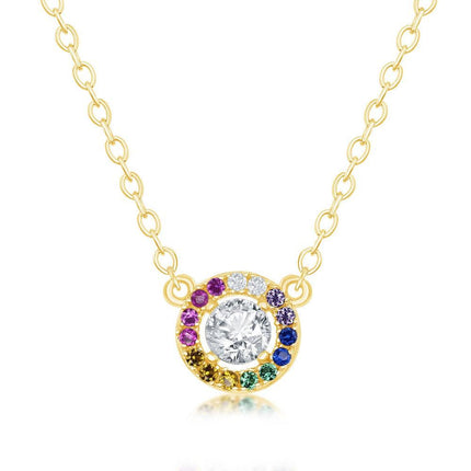 Sterling Silver Center White CZ with Rainbow CZ Necklace ,