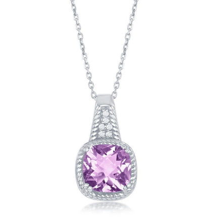 Sterling Silver Chekered 0.572cttw Amethyst Rope Design Border With 0.054cttw White Topaz Necklace ,