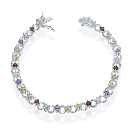 Sterling Silver Circle Linked Bracelet with Multicolor Gemstones ,