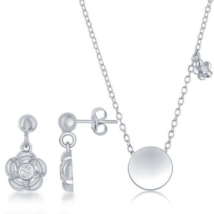 Sterling Silver Circle Necklace and Earrings Set ,