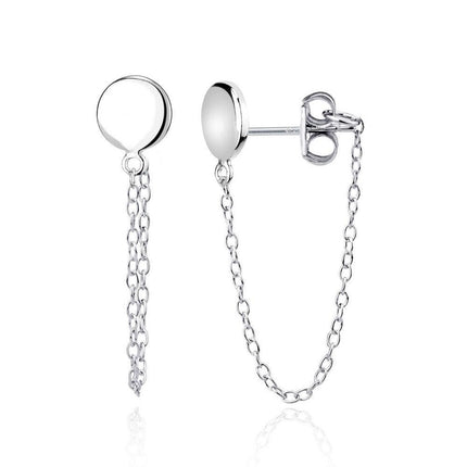 Sterling Silver Circle Stud with Looping Chain Earrings ,