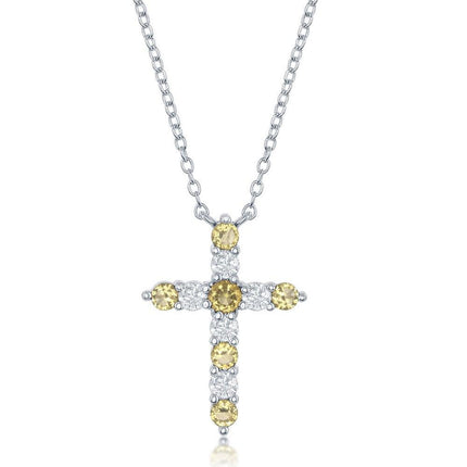 Sterling Silver Citrine CZ November Birthstone Cross Necklace ,