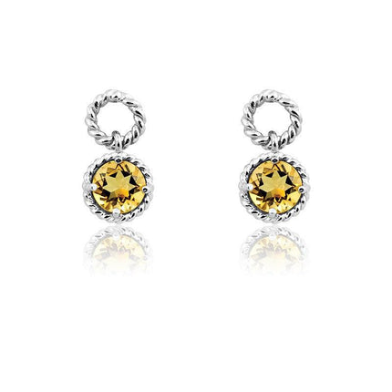 Sterling Silver Citrine Gemstone Twisted Wire Circle Earrings ,