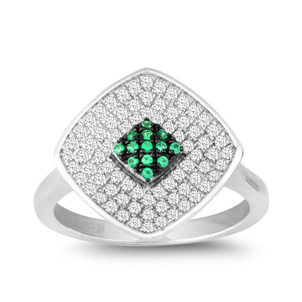 Sterling Silver Clear and Green CZ Square Ring, Size 8 ,