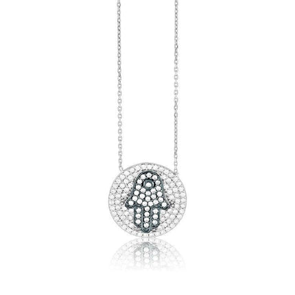 Sterling Silver Clear Stone CZ Hamsa Necklace ,