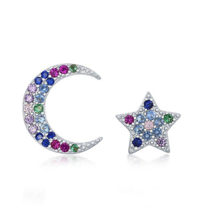 Sterling Silver Crescent Moon and Star CZ Earrings ,