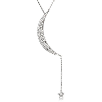 Sterling Silver Crescent Moon Dangling CZ Necklace ,