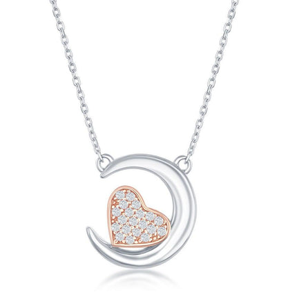 Sterling Silver Crescent Moon with Rose GP CZ Heart Necklace ,
