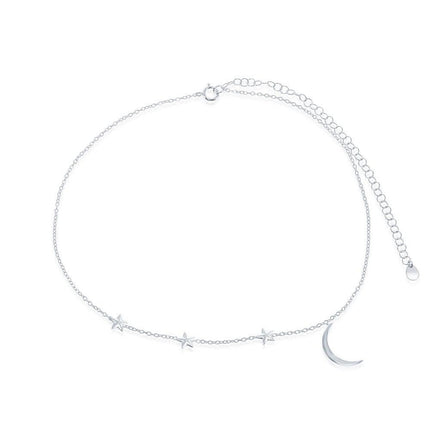Sterling Silver Crescent Moon with Stars Choker Necklace ,