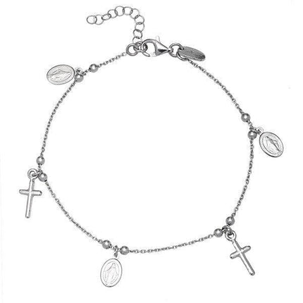 Sterling Silver Cross and Medal Charm Bracelet, 7" ,