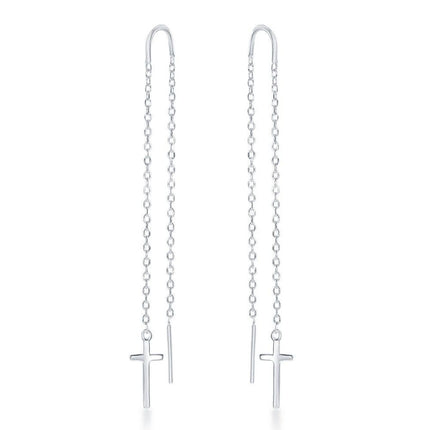 Sterling Silver Cross with Chain Threader Earrings ,