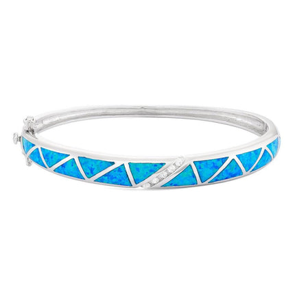 Sterling Silver Cubic Zirconia and Blue Inlay Opal Bangle ,