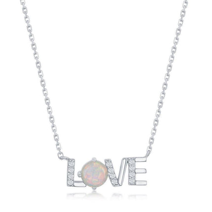 Sterling Silver Cubic Zirconia and White Opal 'Love' Necklace ,