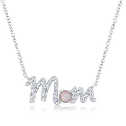Sterling Silver Cubic Zirconia and White Opal 'Mom' Necklace ,