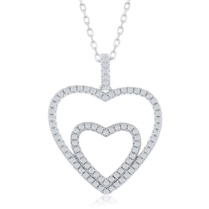 Sterling Silver Cubic Zirconia Double Heart Necklace ,
