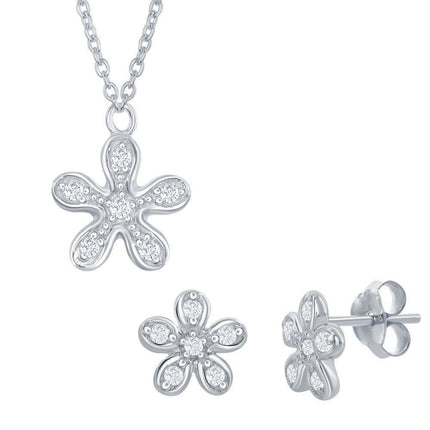 Sterling Silver Cubic Zirconia Flower Necklace and Earrings Set ,