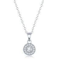 Sterling Silver Cubic Zirconia Halo Necklace and Earrings Set ,