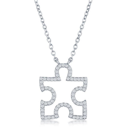 Sterling Silver Cubic Zirconia Open Puzzle Piece Necklace ,