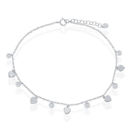 Sterling Silver Cubic Zirconia with Shiny and Matte Hearts Anklet ,