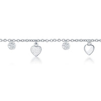 Sterling Silver Cubic Zirconia with Shiny and Matte Hearts Anklet ,