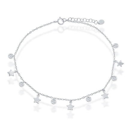 Sterling Silver Cubic Zirconia with Shiny and Matte Stars Anklet ,