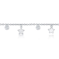 Sterling Silver Cubic Zirconia with Shiny and Matte Stars Anklet ,