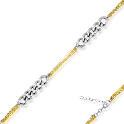 Sterling Silver Curb Link with Tri-Color Chain Bracelet, 7" ,