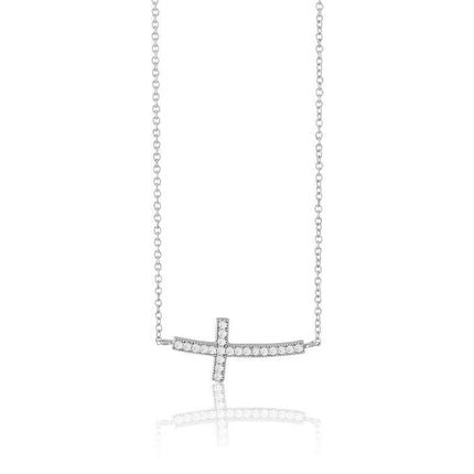 Sterling Silver Curved Sideways Cross CZ Necklace ,