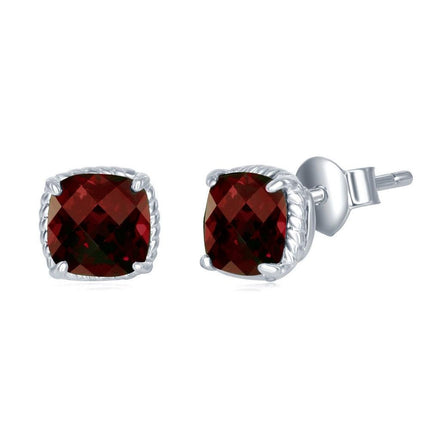 Sterling Silver Cushion Cut Garnet Stud Earrings ,