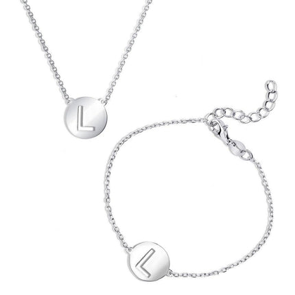 Sterling Silver Cut-Out Shiny L Disc Initial Bracelet & Necklace Set ,