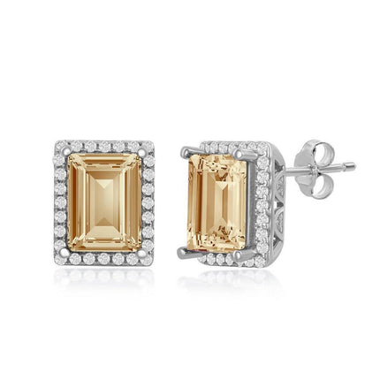 Sterling Silver CZ 8x6mm Rectangular Step-Cut Golden Shadow Swarovski Element Earrings ,