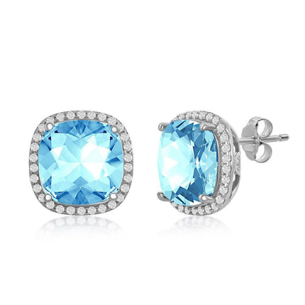 Sterling Silver CZ and 10mm Cushion Square Aqua Swarovski Element Earrings ,